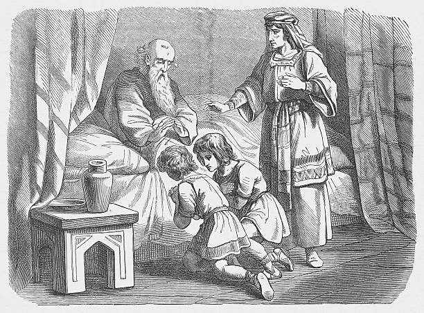 Jacob's blessing "Jacob blesses Ephraim and Manasseh (Genesis, Chapter 48). Woodcut after a drawing by Julius Schnorr von Carolsfeld (German painter, 1794 - 1872) from my archive, published in 1877." old testament joseph stock illustrations