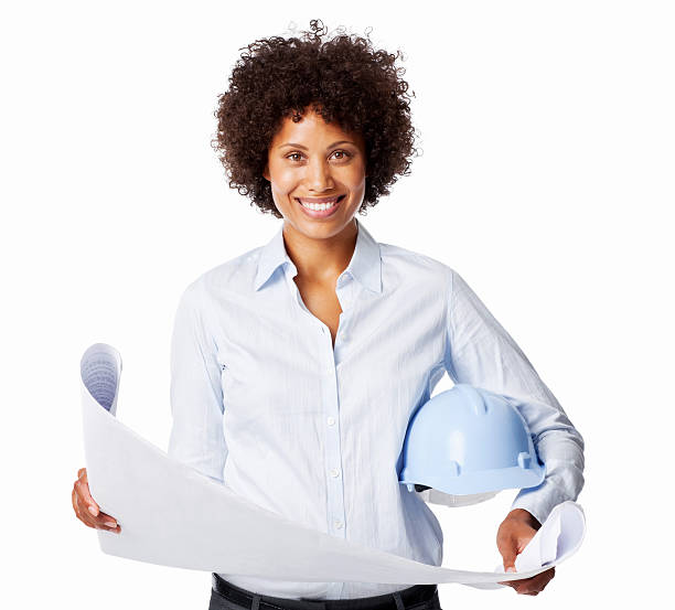 istock Woman Holding Blueprints and a Hardhat - Isolated 182156603