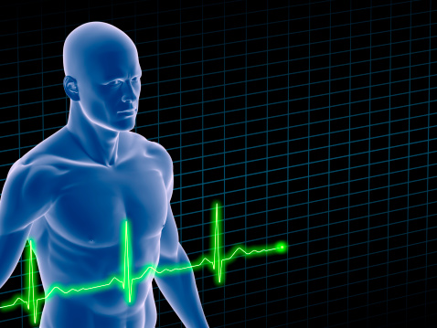 EKG Electrocardiogram with the human body of a man highlighting your muscles. Isolated on black background. Great to be used in medicine works and health.Similar images: