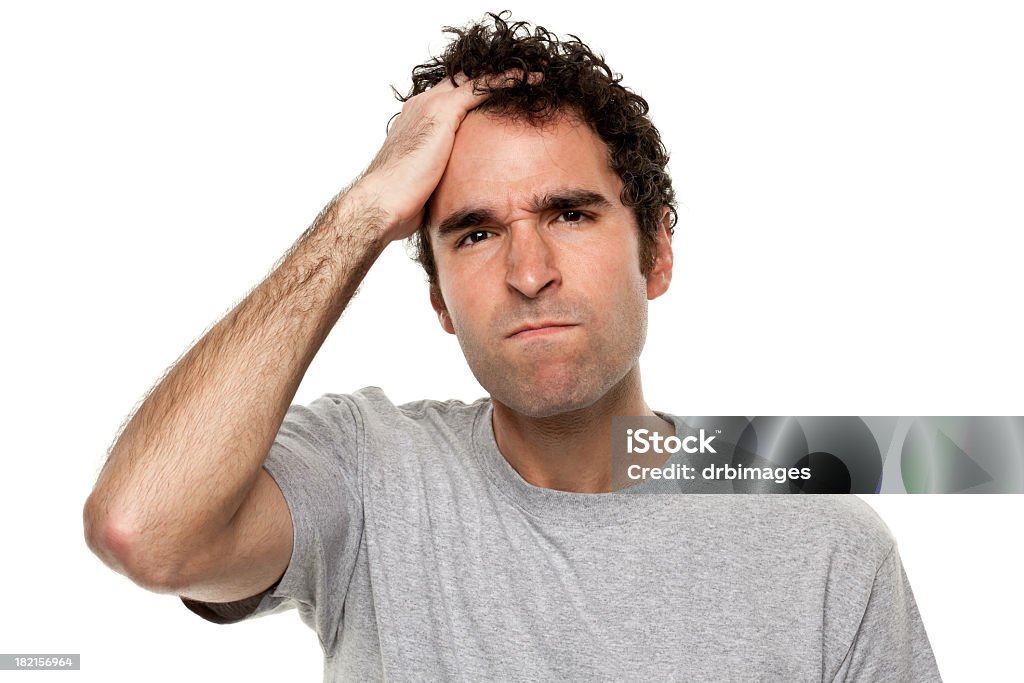 Angry Frustrated Man With Hand In Hair Portrait of a young man on a white background. http://s3.amazonaws.com/drbimages/m/doncam.jpg Men Stock Photo