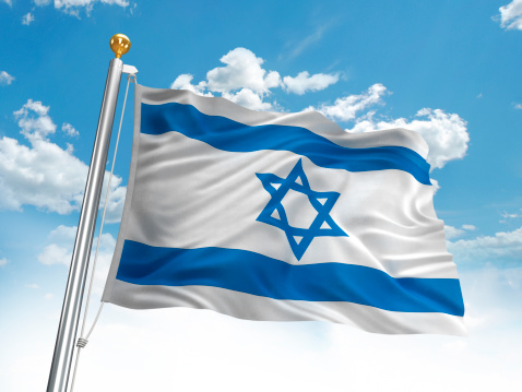 Waving Israel flag against cloudy sky. High resolution 3D render.