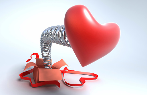 A single red heart-shaped link connects two silver chains against a grey gradient background, symbolizing unbreakable bonds and love. 3D rendering