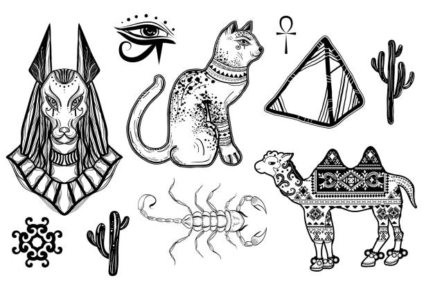 ilustrações de stock, clip art, desenhos animados e ícones de set of egyptian cliparts: camel, anubis, bastet, pyramid etc.. can be used for t shirt prints, coloring book pages, phone cases and other. - egypt pyramid cairo camel