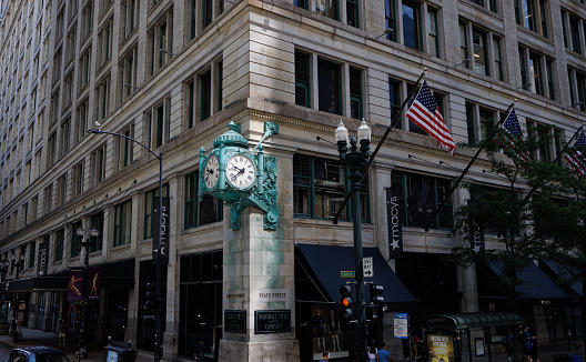 New York City, USA - June 20, 2018: Low angle view of  New Stock Stock Exchange building and American flag from Broad Street