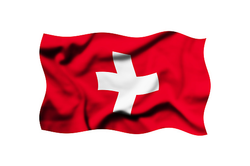 The flag of Switzerland is waving in the wind on a white background. 3d rendering. Clipping path included