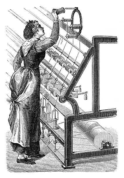 grawerunek kobieta wprowadzenie gęsie z len na textil maszyny - textile industry loom machine textile stock illustrations