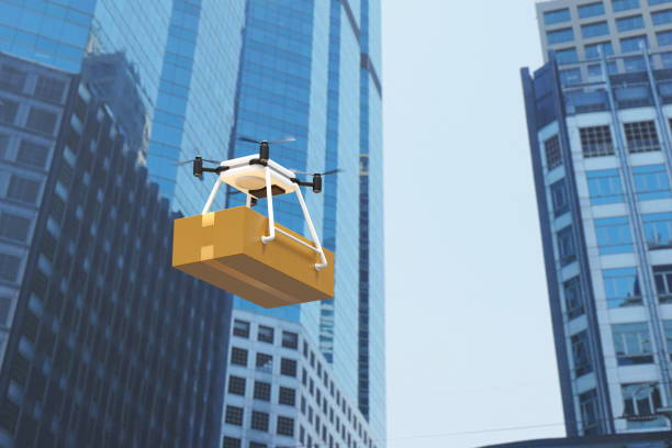 istock Drone delivering parcel box in urban city, futuristic express delivery, 3D rendering. 1821599430