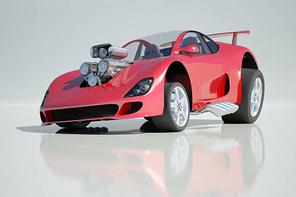 Customised Sports Car A comical red sports car with exaggerated features. Markings and designs on wheel and tyres are ficticious. Very high resolution 3D render. supercharged engine stock pictures, royalty-free photos & images