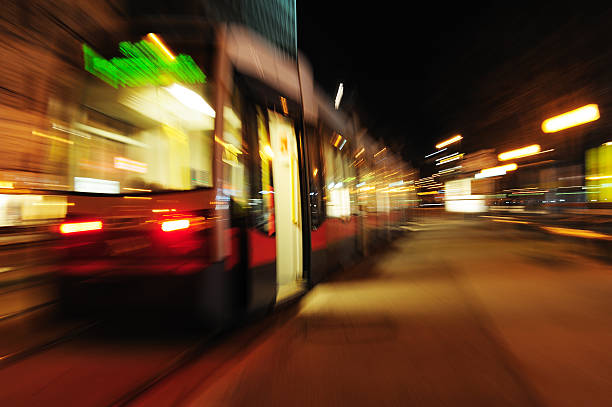 istock Zoom blurred street car, tram 182160176
