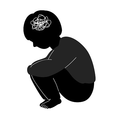 Silhouette of a child do hands hugging knees with stress and depression symbol.