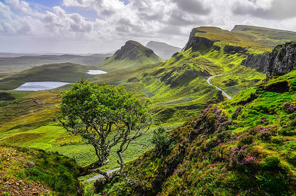 Scenic view of Quiraing mountains in Isle Skye, Scottish highlands stock photo