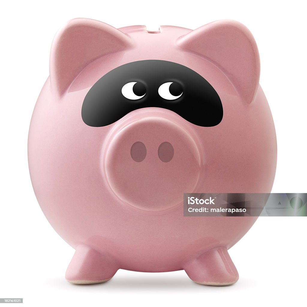 Atividade criminosa. Piggy bank com uma máscara bandit - Foto de stock de Cofre de porquinho royalty-free