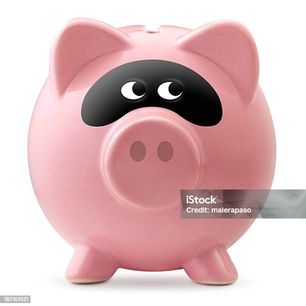 Foto de Atividade Criminosa Piggy Bank Com Uma Máscara Bandit e mais fotos de stock de Cofre de porquinho