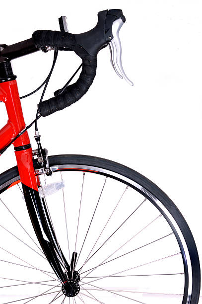 Front of red and black bike and front tire stock photo