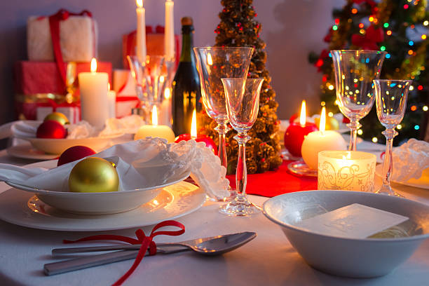 istock Christmas dishware on the white and red table 182162222
