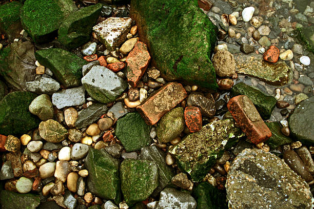 Mattoni e rocce su una spiaggia - foto stock