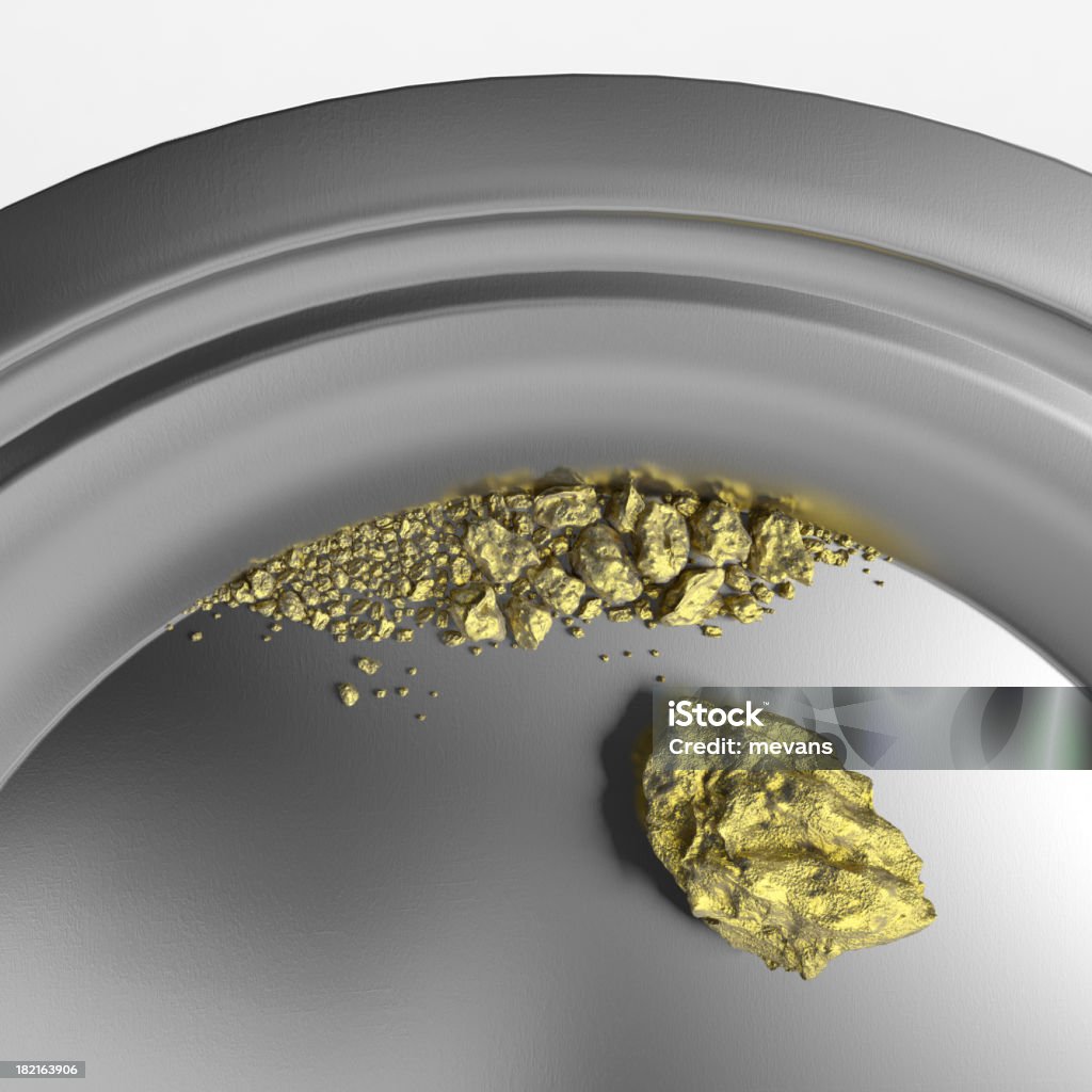 Striking it Rich Gold nuggets in a gold panning pan. Very high resolution 3D render. Mining - Natural Resources Stock Photo