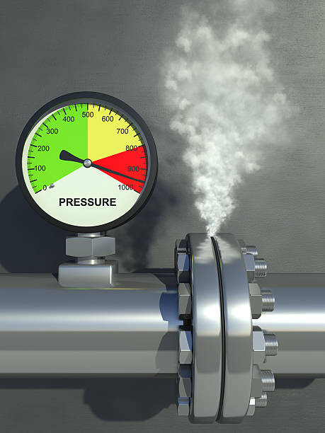 A pressure gauge steaming and showing very high pressure Gas or steam leaking from an industrial pressure gauge. Very high resolution 3D render.Also available. piping hot stock pictures, royalty-free photos & images