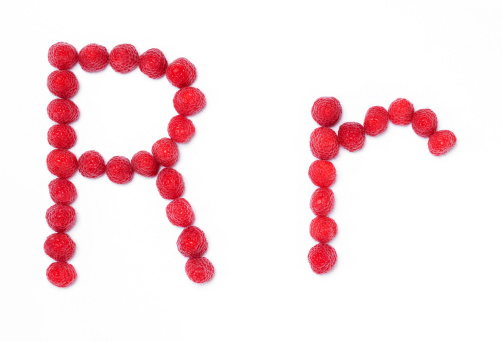 Upper and Lower Case Letter R created with Raspberry. Part of a Healthy Food Alphabet.