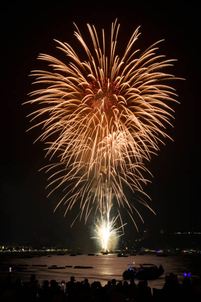 海辺の人々と街の常夜灯の背景とカラフルな花火のお祝い。 - fire firework display new year ストックフォトと画像