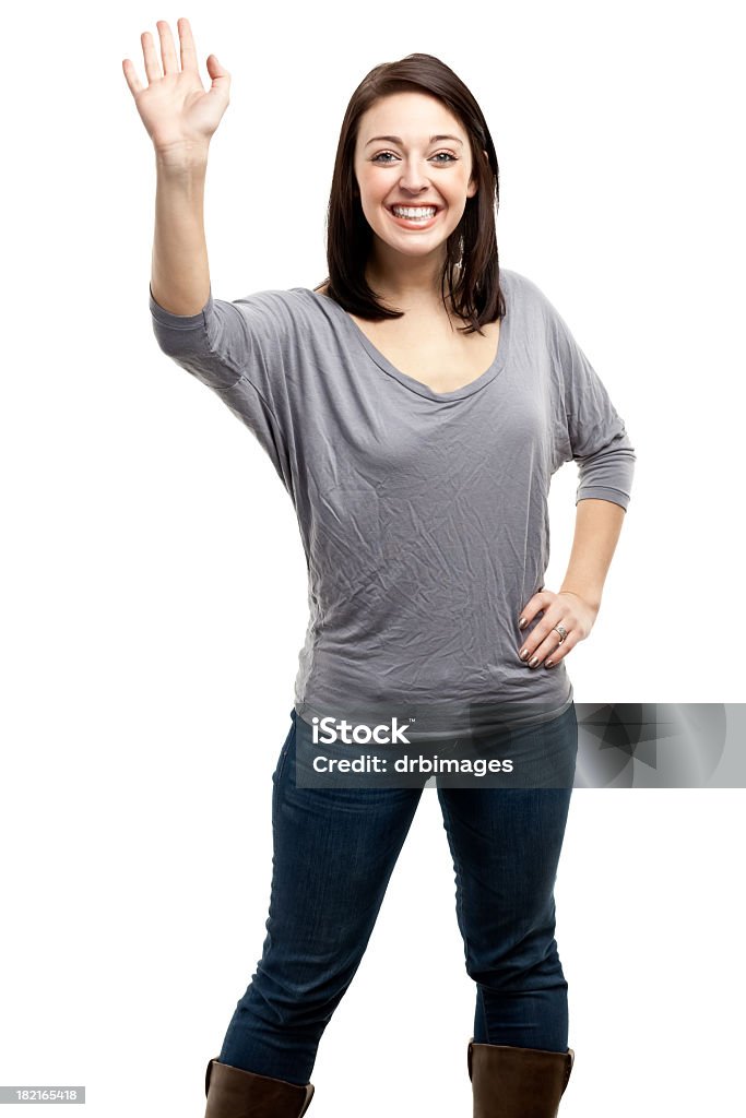 Happy Young Woman Waving Hand Portrait of a woman on a white background. http://s3.amazonaws.com/drbimages/m/marbra.jpg Hand Raised Stock Photo