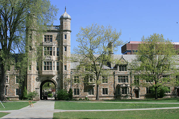 University of Michigan Law School, Ann Arbor. Clear blue sky. "University of Michigan Law School, Ann Arbor, Mi" midwestern state university stock pictures, royalty-free photos & images