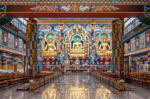 Buddha Statue in Namdroling Monastery. Located in Bylakuppe,  Mysuru district, India