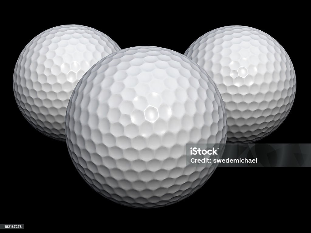 Bolas de golfe-representação artística em 3D e três bolas de golfe em fundo preto - Foto de stock de Bola royalty-free