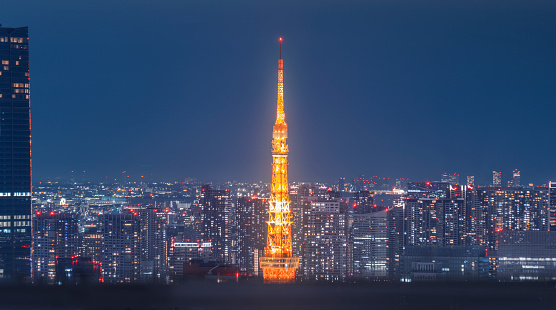wide-angle night view of the Tokyo Tower, standing as a luminous spire against the sprawling urban backdrop of Tokyo's city lights. Captured from the observation deck of the Shibuya Sky building, the tower glows in a radiant orange, starkly contrasted against the cooler tones of the surrounding cityscape. The scene is dotted with thousands of city lights, creating a tapestry of urban life that stretches into the distance. The Tokyo Tower, inspired by the Eiffel Tower's design, serves as a bright focal point, its lights a warm beacon in the nocturnal metropolis. This photograph not only highlights the tower's striking presence but also the dense and vibrant environment it oversees from its central vantage point.