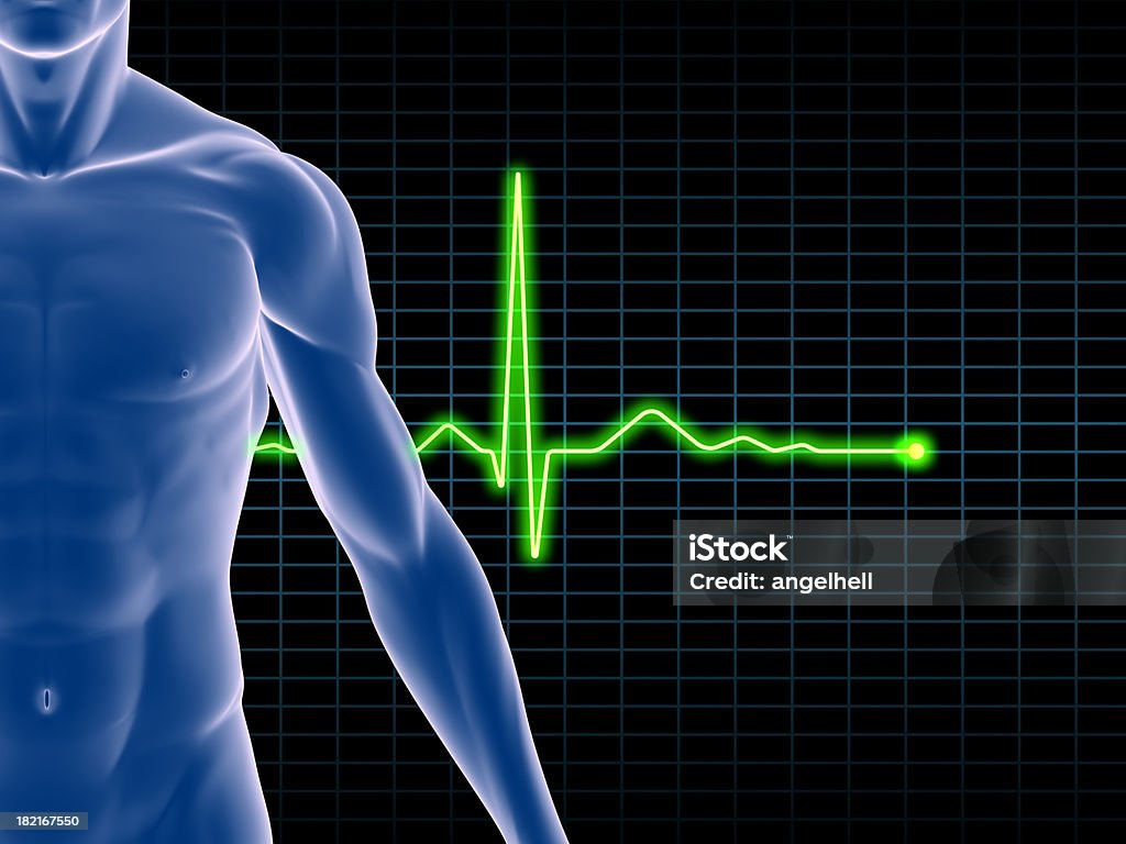 EKG Electrocardiogram EKG Electrocardiogram with the human body of a man highlighting your muscles. Isolated on black background. Great to be used in medicine works and health. Adult Stock Photo