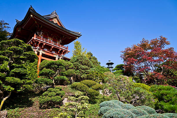Saratoga, California, USA- September 14, 2015: A Japanese style tea house and garden are full of lush vegetation and lovely wood construction at the Hakone Gardens in the foothills above San Jose.