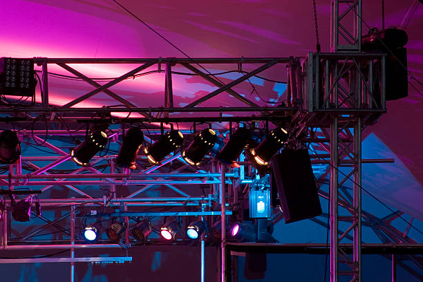 Close up of stage rigging and lights. Could be music or theatre or opera. (Actually it's Bruce Cockburn.) Winnipeg Folk Fest Main Stage. July 2006. rigging stock pictures, royalty-free photos & images