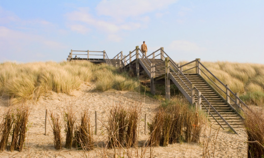 Empty stairs leading through the dunes at summer time. Lonely man walking.