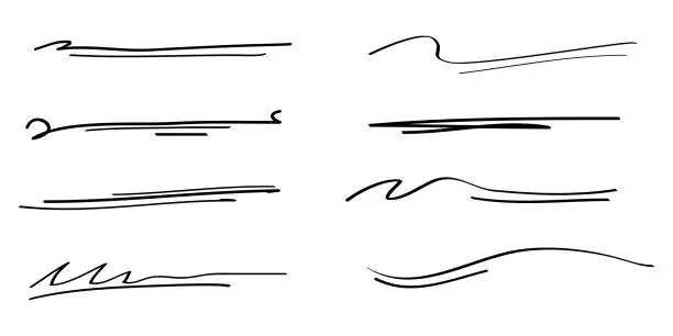 Vector illustration of Hand drawn set of underline, curly swishes, swashes, swoops. swirl. Highlight text elements. vector illustration