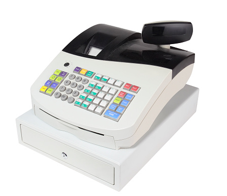 A modern cash register on a white background.