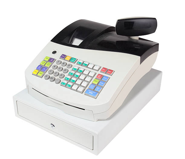 caixa registadora no branco com traçado de recorte - cash register coin cash box checkout counter imagens e fotografias de stock
