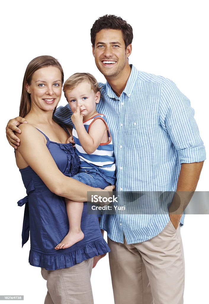 Feliz, familia joven sobre fondo blanco - Foto de stock de 30-39 años libre de derechos