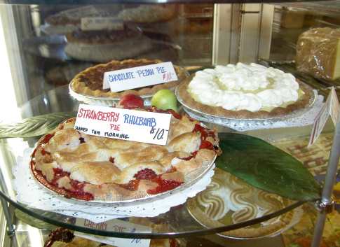 Pies in a bakery pie case