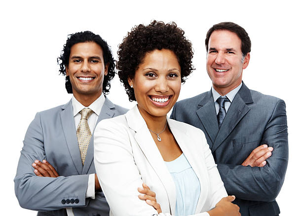 retrato de negocios personas con los brazos cruzados - three people group of people standing business person fotografías e imágenes de stock