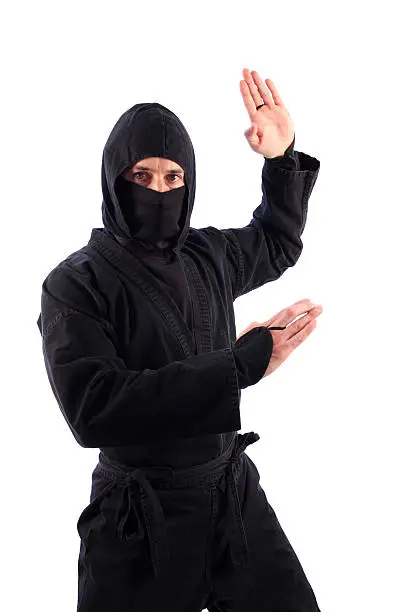 This color photo shows a martial arts ninja dressed in black, threatening the traditional karate chop. The ninja warrior is visible from mid-thigh to the top of his head. The image is isolated on a white background. The image is in portrait orientation.