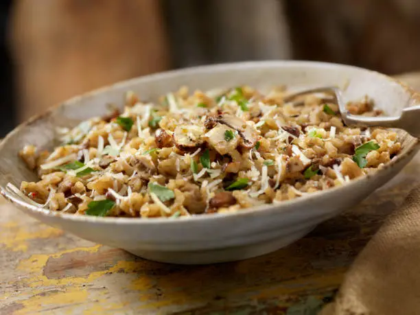 Mushroom Risotto with Fresh Italian Parsley and Crusty Bread  -Photographed on Hasselblad H1-22mb Camera