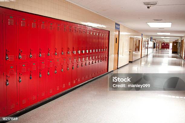 High School Corridoio E Armadietti Con Lucchetto - Fotografie stock e altre immagini di Edificio scolastico - Edificio scolastico, Educazione, Ingresso