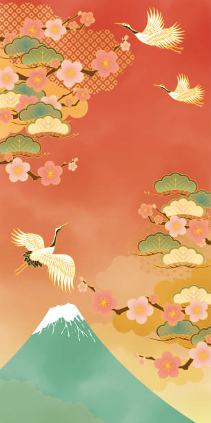 istock Japanese Pattern New Year Background with Fuji, Ume, Pine and Crane 1821715767