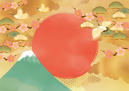 Japanese Pattern New Year Background with Fuji, Ume and Crane