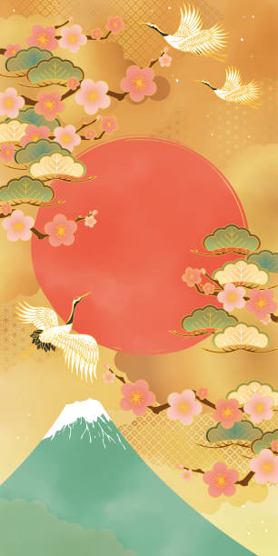 istock Japanese Pattern New Year Background with Fuji, Ume and Crane 1821716813