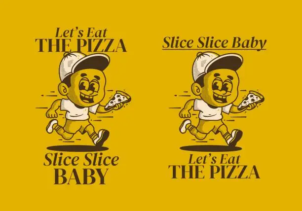 Vector illustration of Let's eat the pizza. Boy character running and holding a slice pizza