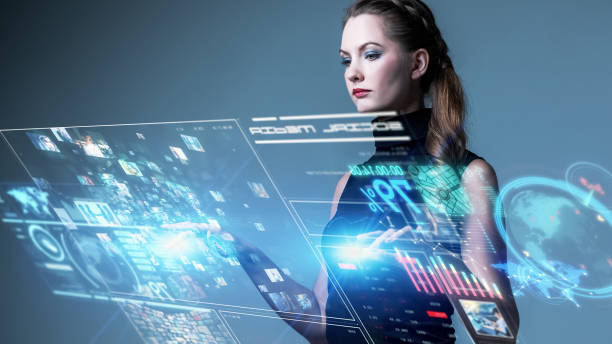 istock Woman watching hologram screens. Futuristic user interface. 1821718898