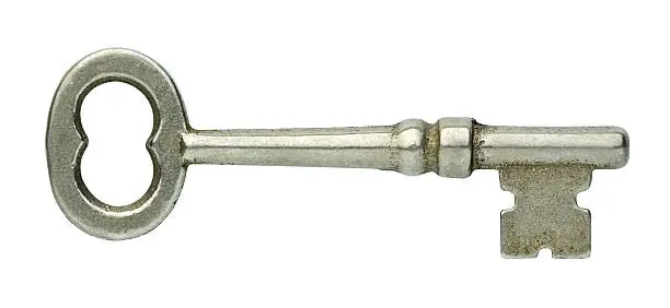 Photo of Old Silver Skeleton Key with Clipping Path, White Background.