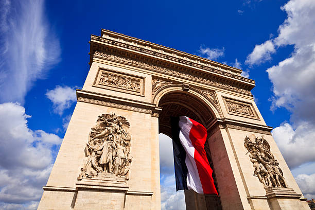 Arc de Triomphe High resolution stock photography of the arc de triomphe in paris with the french flag. arc de triomphe paris stock pictures, royalty-free photos & images
