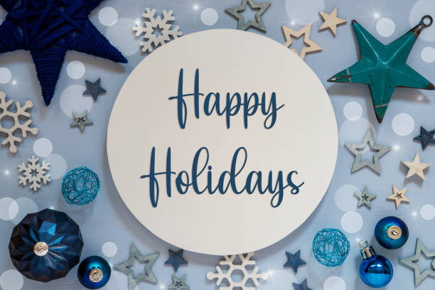istock Blue Christmas Background With Decor And Text Happy Holidays 1821740388